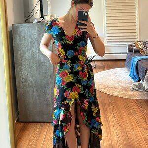 ALICE + OLIVIA Erika Black Floral Print Ruffle Belted Dress Size 2